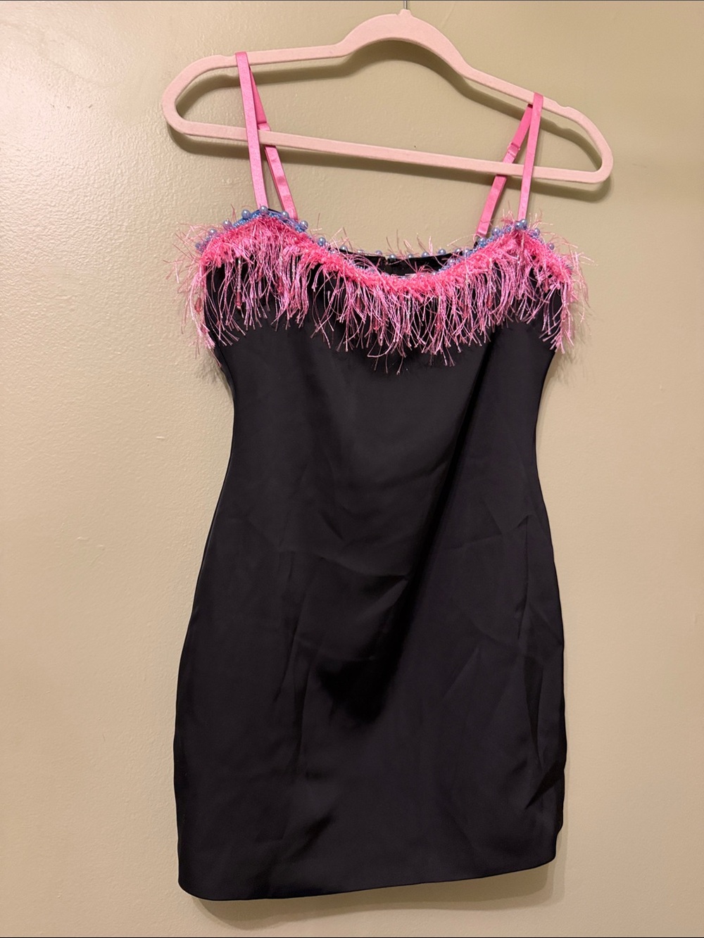 Danielle guizio Black Slip Dress with Pink Feather Trim